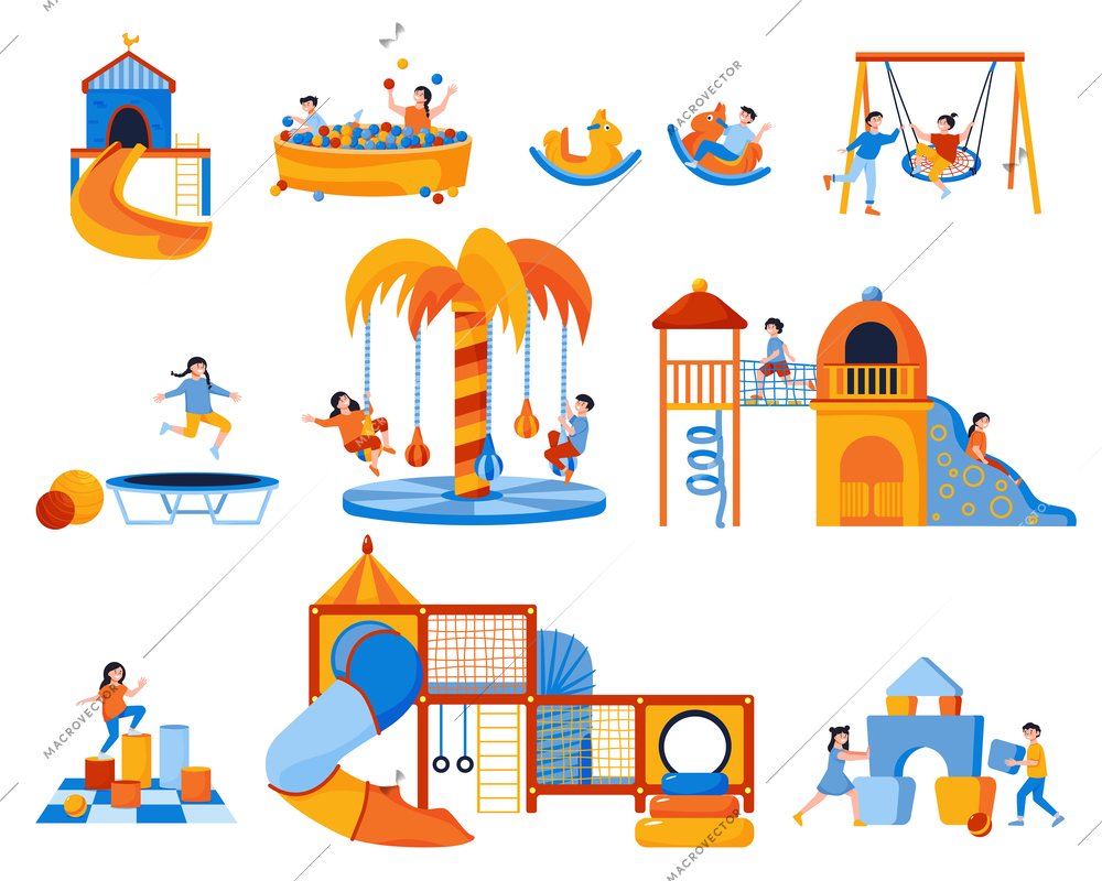 Mall children playroom elements flat set with kids having fun on playground equipment isolated vector illustration