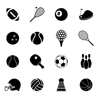 Outdoor recreation sport activities accessories black silhouette icons set with basketball rugby balls abstract isolated vector illustration