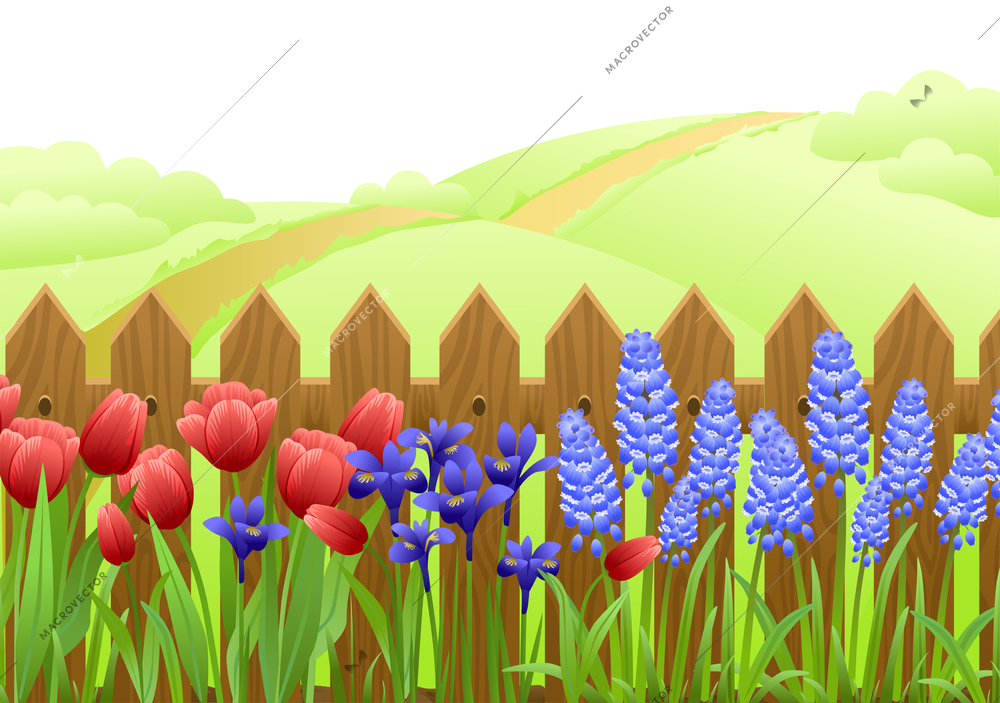 Spring flowers flat composition with outdoor suburban landscape and colorful flowers in front of wooden fence vector illustration