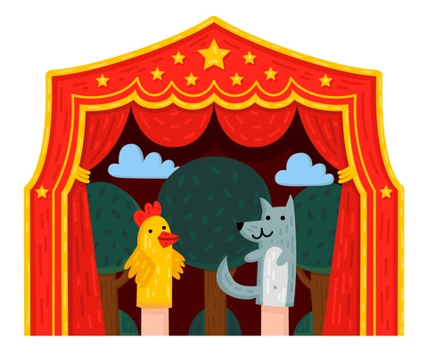 Children puppet theater composition with wearable hand gloves puppets of wolf and chicken with theatre curtains vector illustration