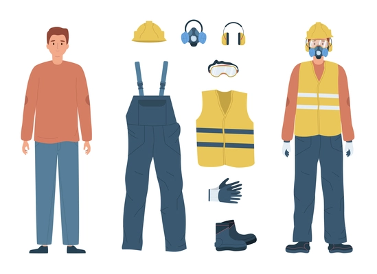 Personal protective equipment flat set with clothing vest ear plugs gloves shoes glasses helmet respirator and two male characters isolated vector illustration