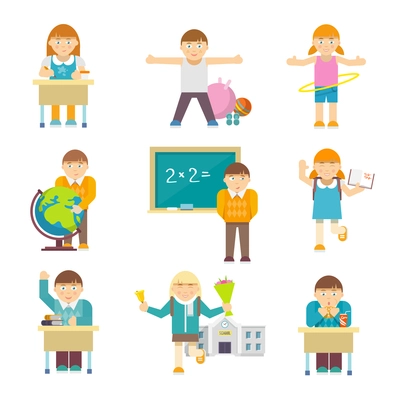 Small children at elementary school lesson characters set isolated vector illustration