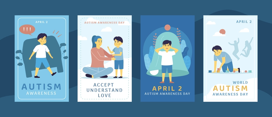 Set of four flat autism awareness world day cards isolated on color background vector illustration