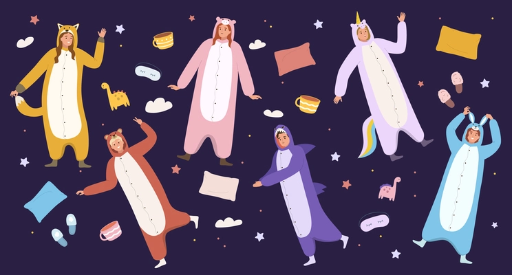 Happy men and women wearing animalistic kigurumi pyjamas on dark background with sleep symbols flat vector illustration