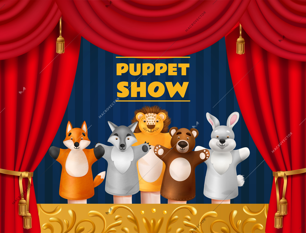 Children puppet show on theater stage with red curtains and animal toys realistic poster vector illustration