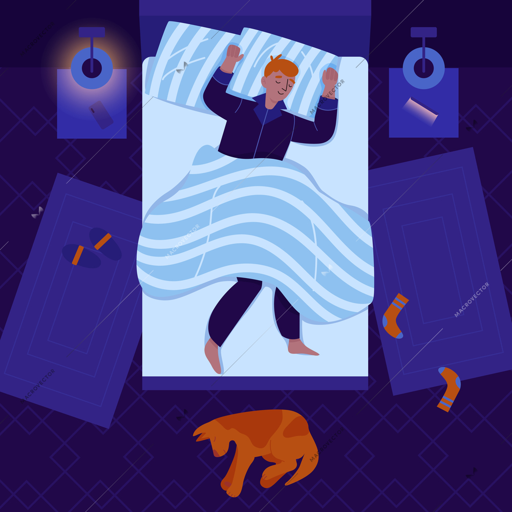 Relaxed man sleeping in bedroom with his dog at night top view flat vector illustration