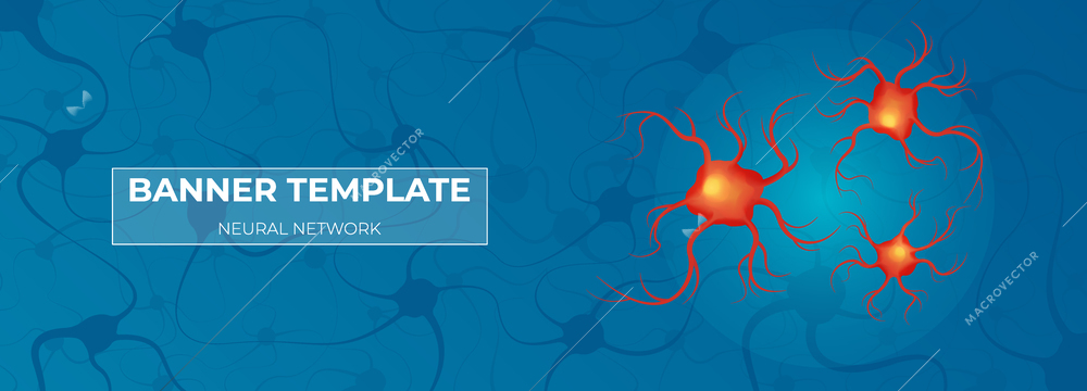 Neuroscience horizontal banner with editable text in frame and images of connected neurons colored in red vector illustration