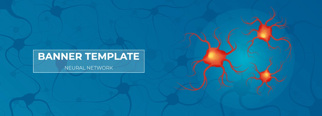 Neuroscience horizontal banner with editable text in frame and images of connected neurons colored in red vector illustration