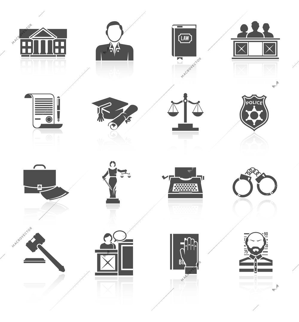 Law court and criminal symbols icon black set isolated vector illustration
