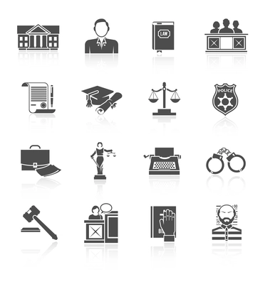 Law court and criminal symbols icon black set isolated vector illustration