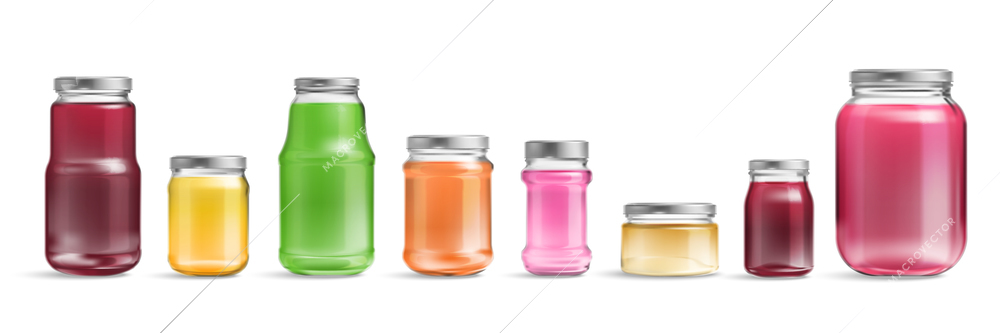 Realistic glass jar color set with isolated images of colored cans with reflections on blank background vector illustration