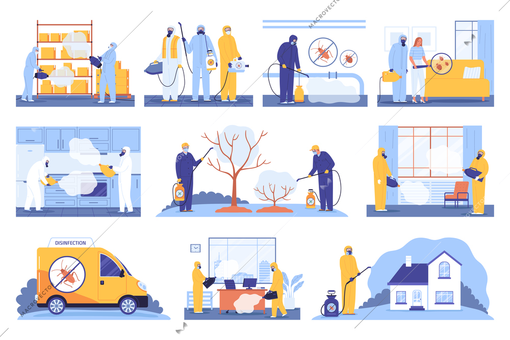 Pest control service set with workers performing disinfection procedures indoors and outdoors isolated flat vector illustration