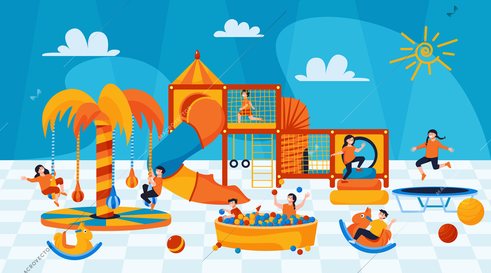 Children playroom interior colorful background with funny kids playing in pool with plastic balls and riding on carousels flat vector illustration