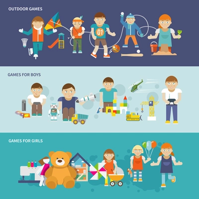 Kids playing flat banner set with girls and boys outdoor games isolated vector illustration