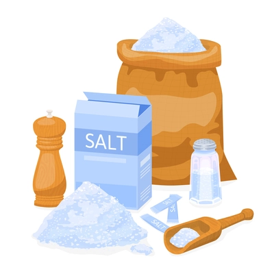 Sea salt flat composition with view of sack and paper packs of salt on blank background vector illustration