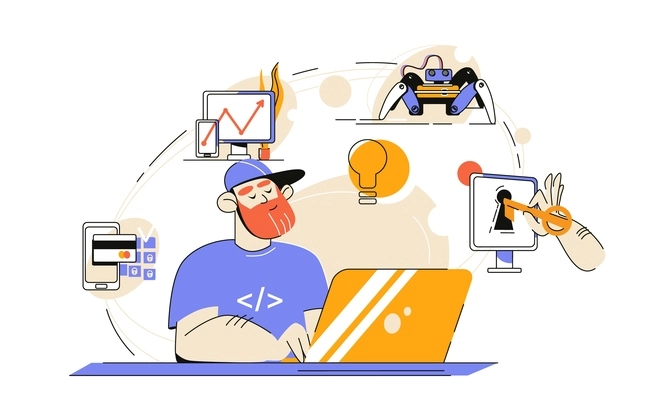 It specialist composition with flat view of hipster programmers workplace and icons cycle representing work pipeline vector illustration