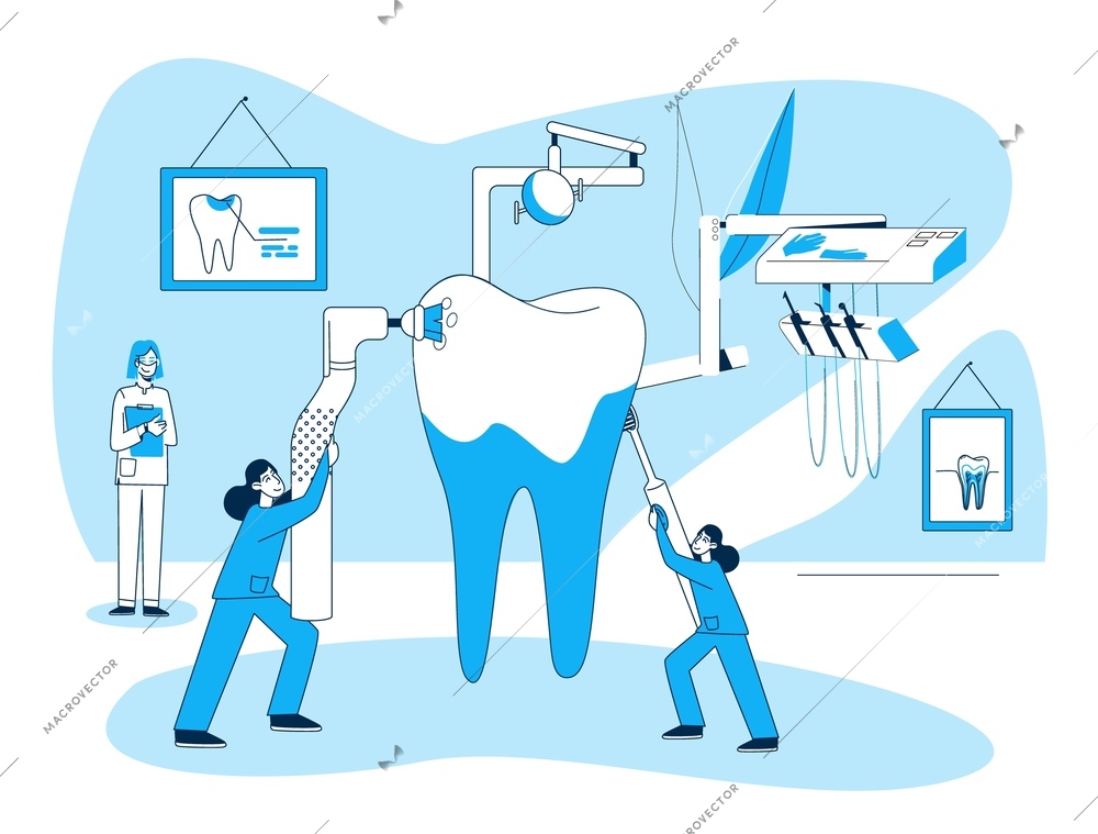 Dentistry flat composition with view of doctors office and small human characters taking care of tooth vector illustration