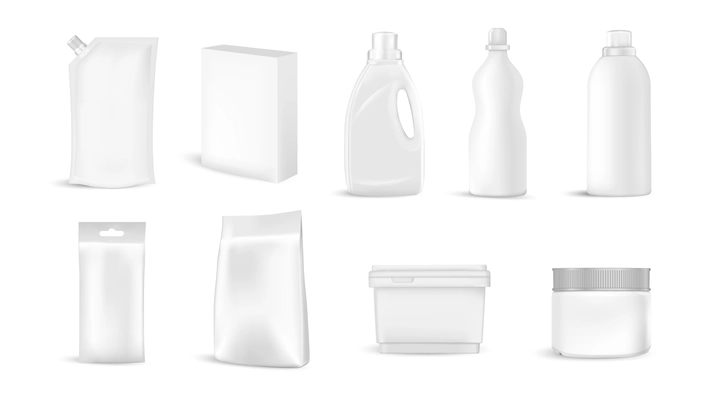 Detergent bottles packages realistic set with isolated images of plastic containers and jars with dispenser caps vector illustration