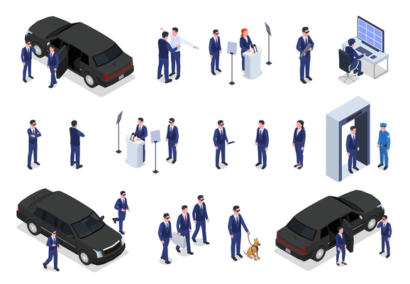 Security service metal detector safety control bodyguards officers politicians celebrities protection armored vehicles isometric set vector illustration