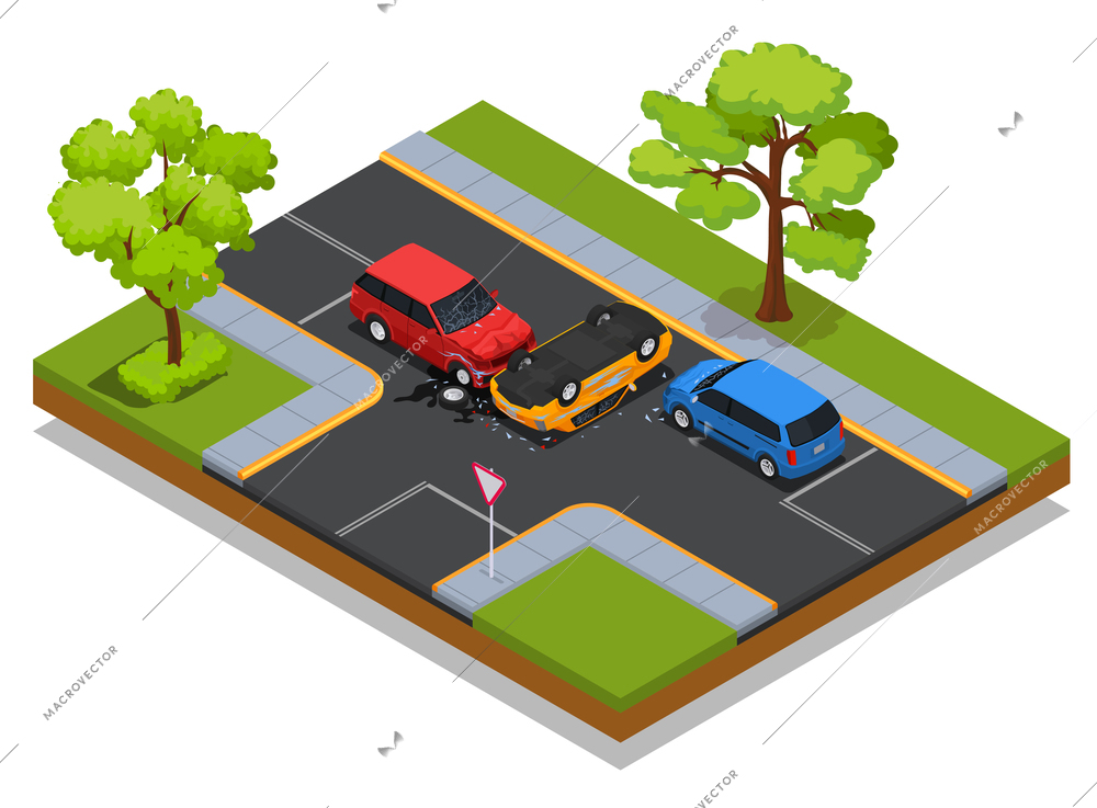 Traffic accident 3 vehicles collision road accident with car flipped over landed upside down isometric vector illustration