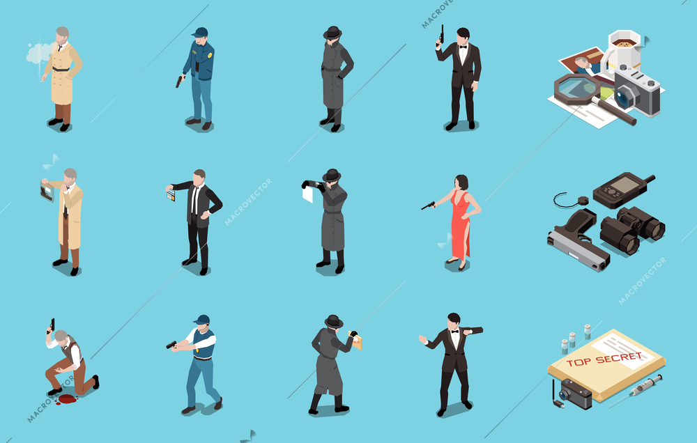Detective spy special agent isometric set with male and female human characters weapons and equipment for surveillance isolated on blue background 3d vector illustration