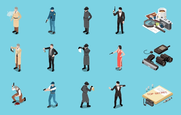 Detective spy special agent isometric set with male and female human characters weapons and equipment for surveillance isolated on blue background 3d vector illustration