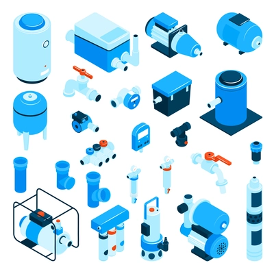 Pumps machinery equipment set with water supply symbols isometric isolated vector illustration