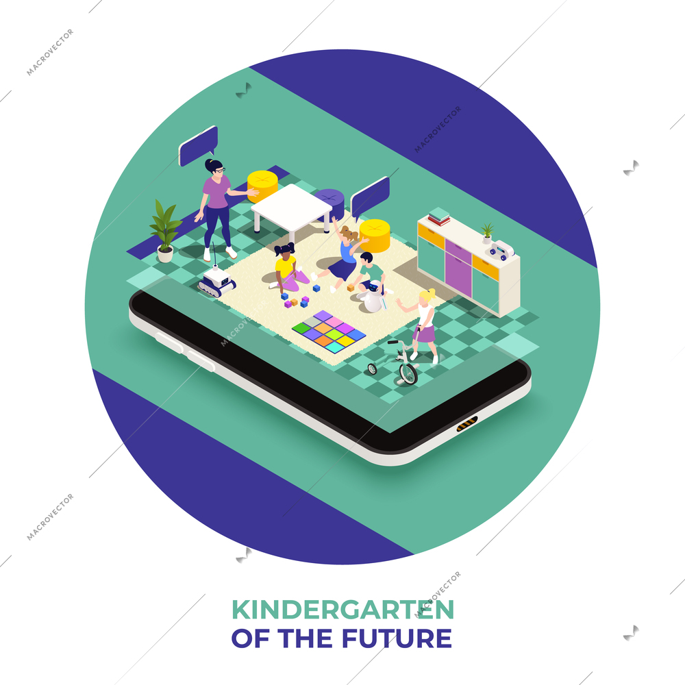 Kindergarten isometric colored concept 3d visualization of kindergarten of the future on a tablet screen vector illustration