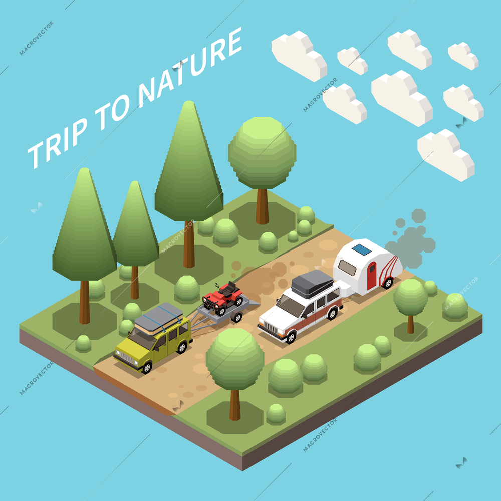 Camping van concept with motor home symbols isometric vector illustration