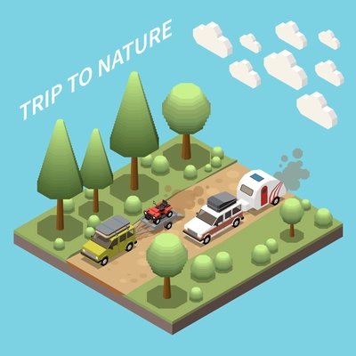 Camping van concept with motor home symbols isometric vector illustration