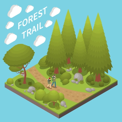 Park landscape elements concept with forest trail isometric vector illustration