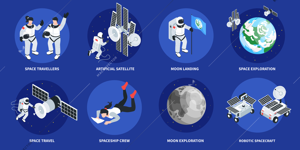 Space exploration isometric round compositions demonstrated space travellers moon landing artificial satellite and robotic spacecraft isolated vector illustration