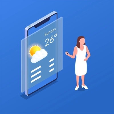 Online weather forecast on smartphone screen isometric composition with female character of presenter on blue background 3d vector illustration