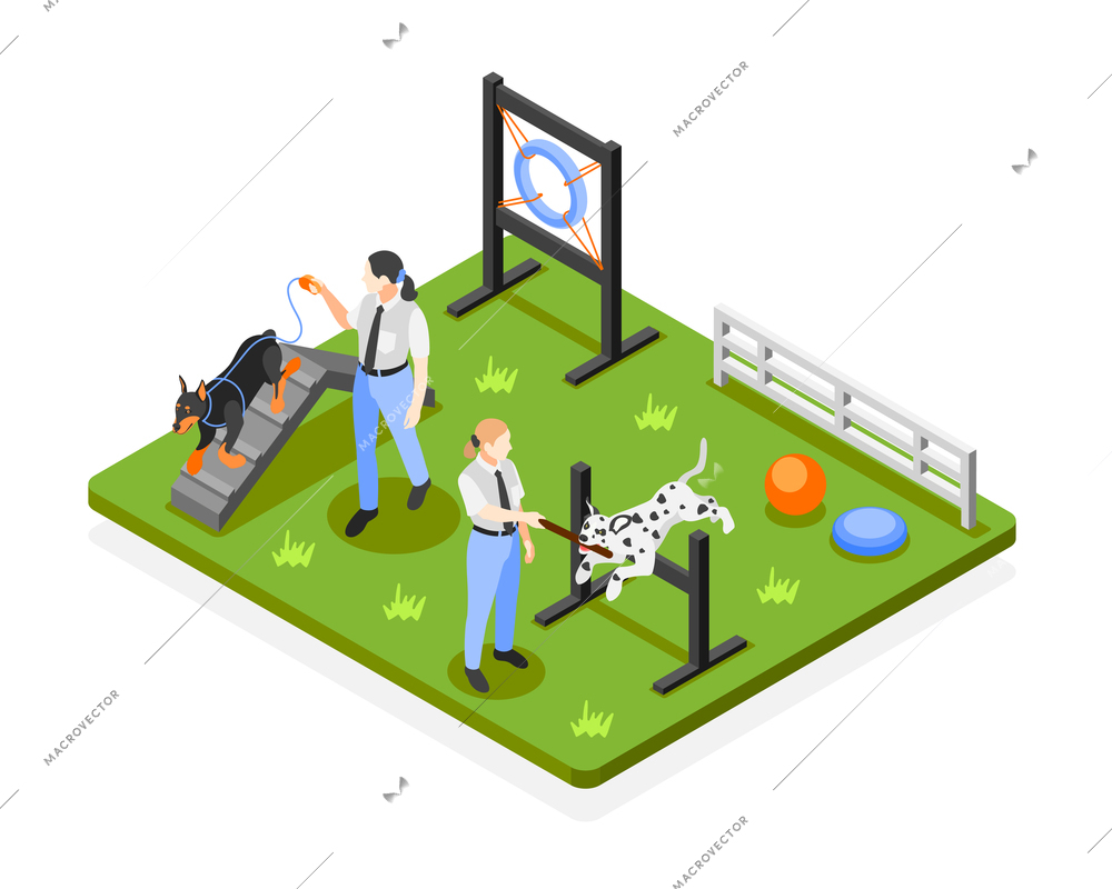 Dog school isometric composition with outdoor playground scenery and people leading dogs with barriers to jump vector illustration