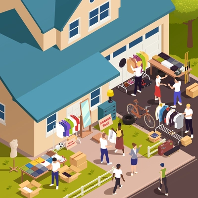 Garage sale and flea market composition with isometric house and people shopping outdoors vector illustration