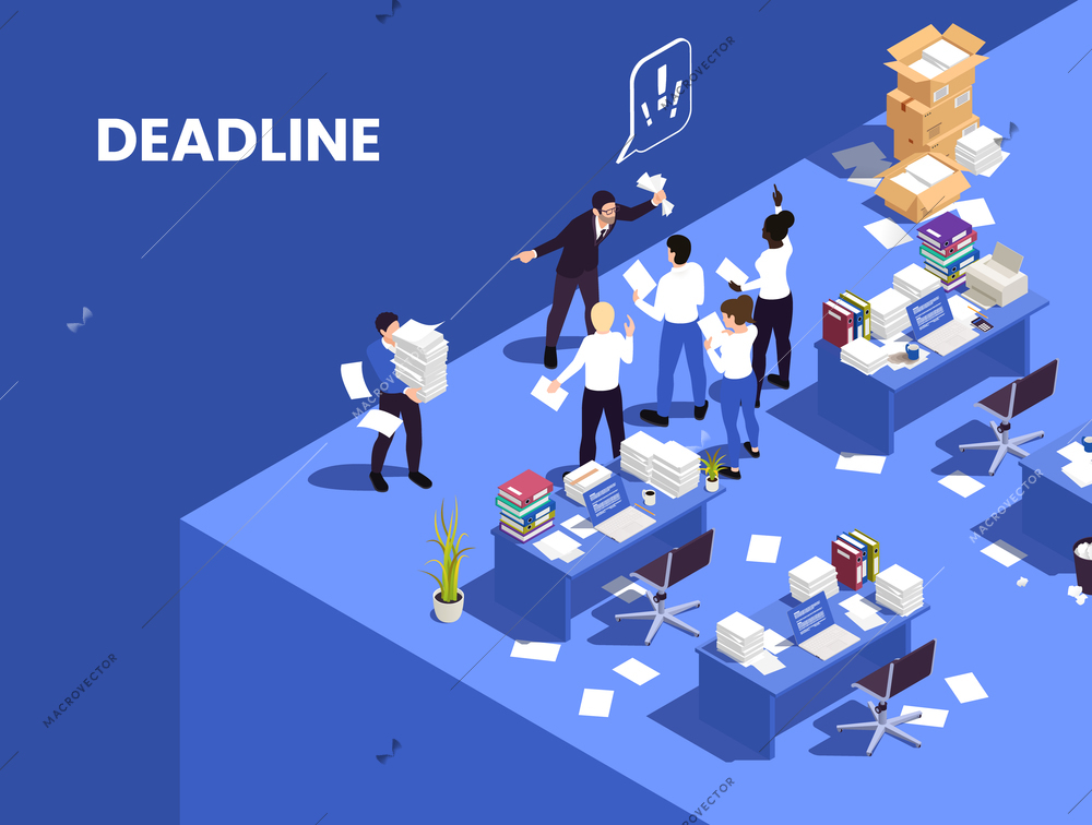 Chaotic messy office work isometric composition with disorganized people missing deadline vector illustration