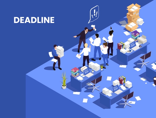 Chaotic messy office work isometric composition with disorganized people missing deadline vector illustration