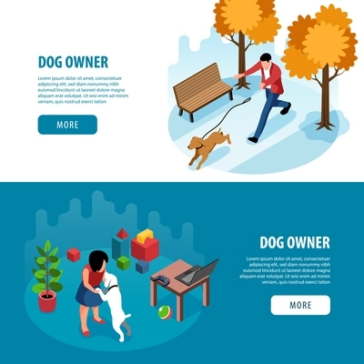 Dog owner horizontal banners set with dog and fun  symbols isometric isolated  vector illustration