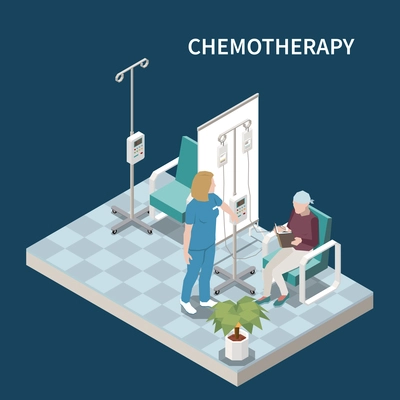 Nurse and cancer patient reading book during chemotherapy isometric composition on colored background 3d vector illustration