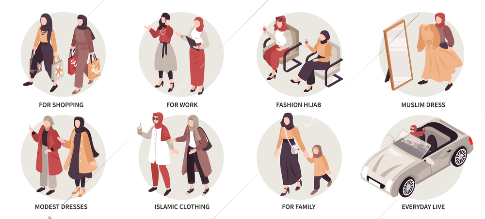 Muslim fashion isometric  compositions with women dressed in modest islamic clothing and hijab isolated vector illustration