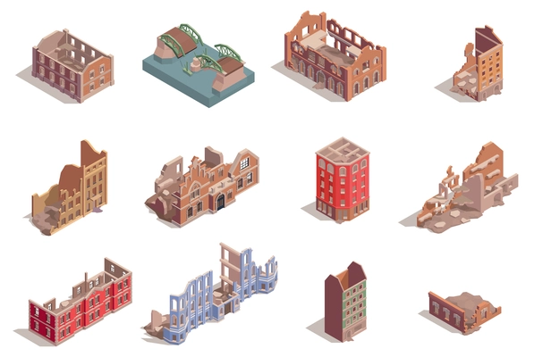 Ruined destroyed post apocalyptic buildings isometric set isolated vector illustration