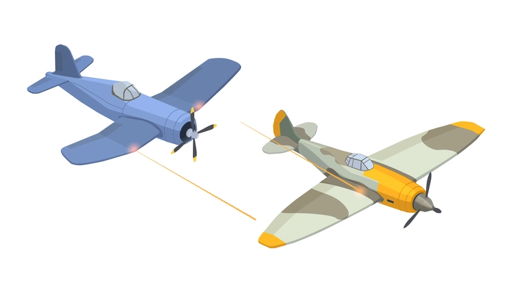 WWII military vehicles isometric set with aircraft fight vector illustration