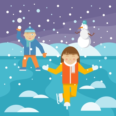 Kids playing outdoors in winter with snowman on background flat vector illustration