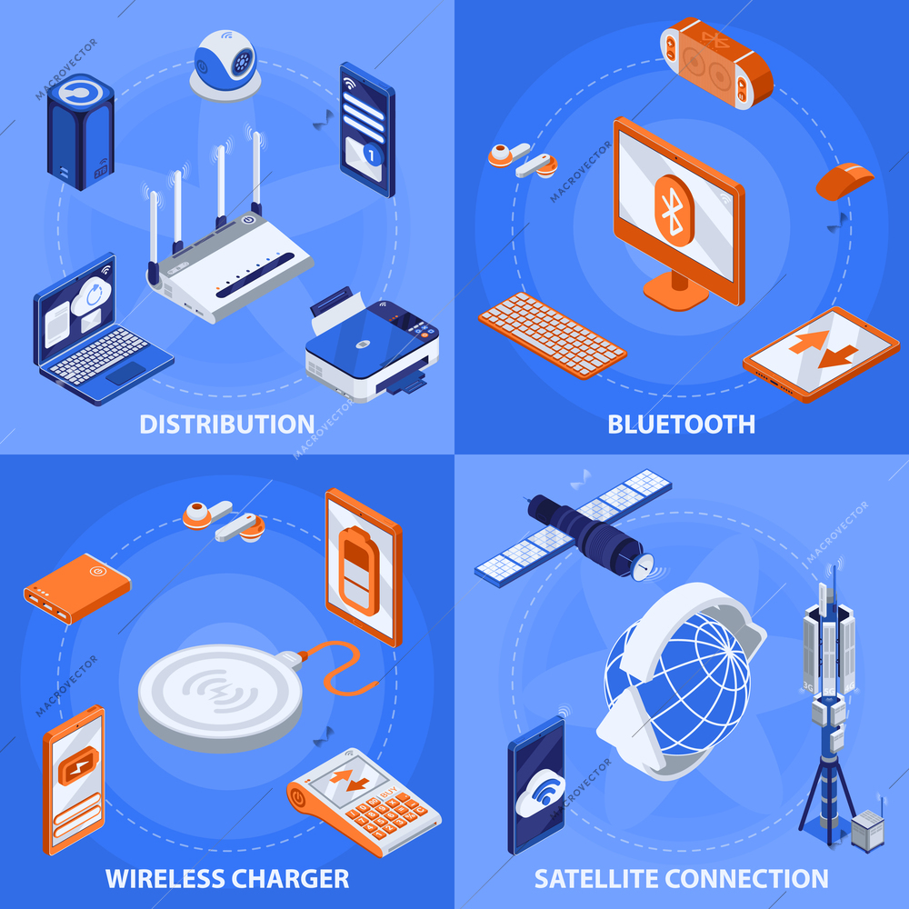 Wireless technology isometric concept icons set with distribution symbols isolated vector illustration