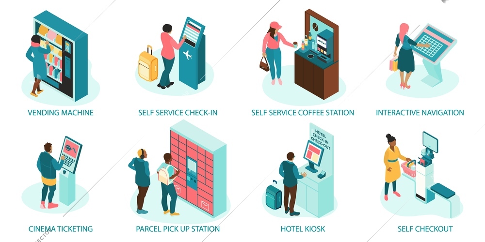 Isometric self service composition set with vending machine self service check in coffee station interactive navigation cinema ticketing parcel pick up station hotel kiosk and self checkout vector illustration