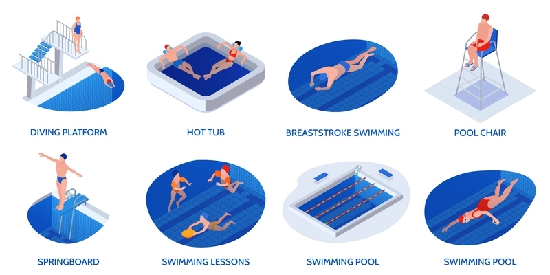 Isometric swimming pool composition set with diving platform hot tub pool chair springboard lessons descriptions vector illustration