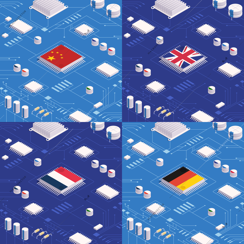 Digital government isometric concept set with microchips and national flags vector illustration