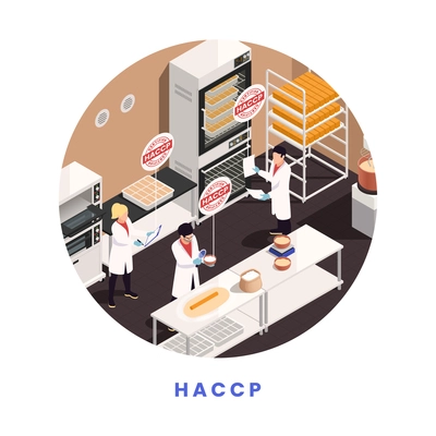 HACCP food safery concept with lab workers making certification tests vector illustration