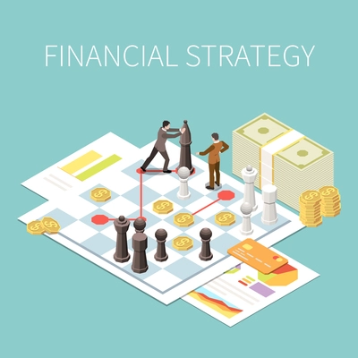 Financial strategy and budget planning concept composition with human characters on chess board and money 3d isometric vector illustration