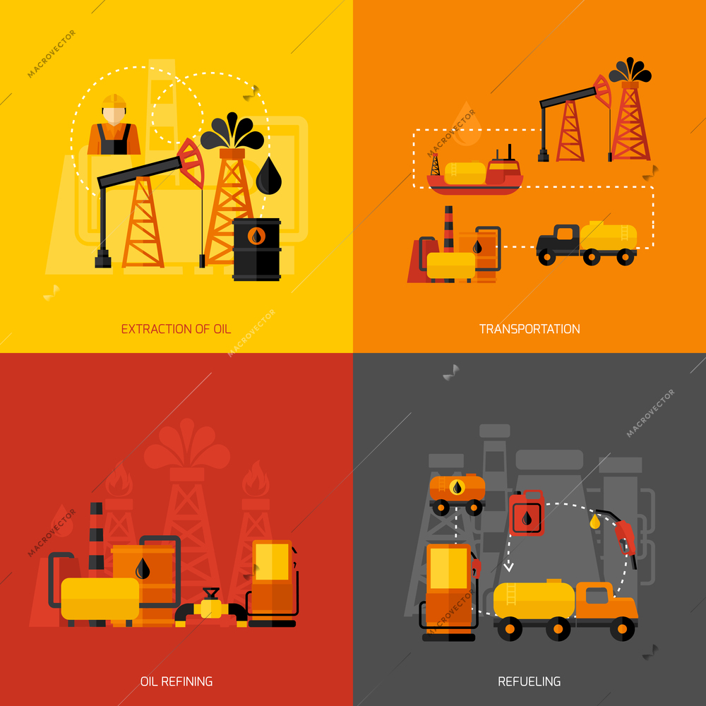 Oil industry design concept set with extraction transportation refining refueling flat icons isolated vector illustration